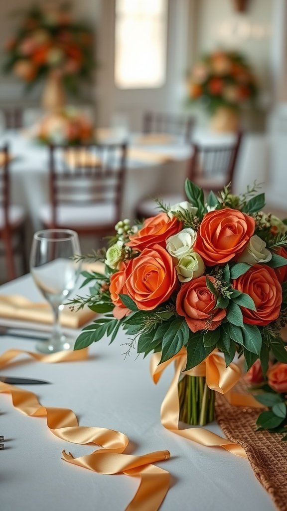 Terracotta-inspired bouquet with orange roses and greenery on a table setting with gold accents.