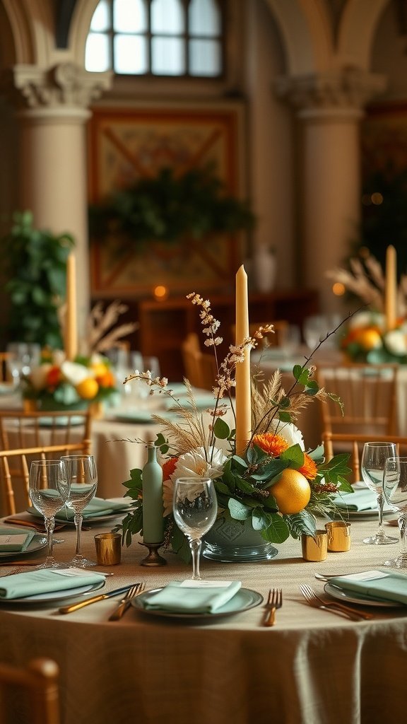 Table centerpieces featuring sage green and gold decor with candles and floral arrangements.