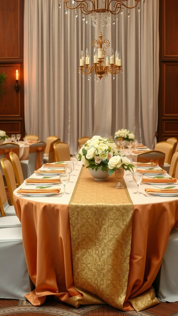A beautifully set wedding table with a gold table runner on a terracotta table, featuring floral centerpieces and elegant place settings.