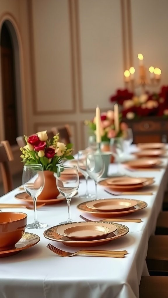 A beautifully set table featuring gold-trimmed terracotta dinnerware, with flowers and candles.