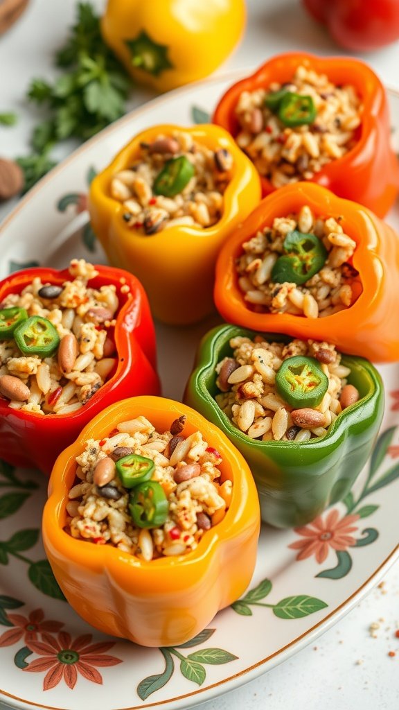 Colorful stuffed bell peppers filled with rice and beans on a platter.