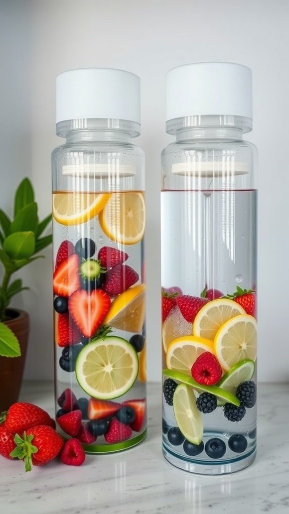 Two clear bottles filled with water and various fruits like lemons and berries, placed on a countertop.