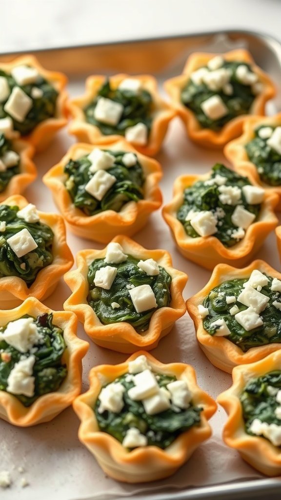 Savory spinach and feta puff pastries arranged on a tray.