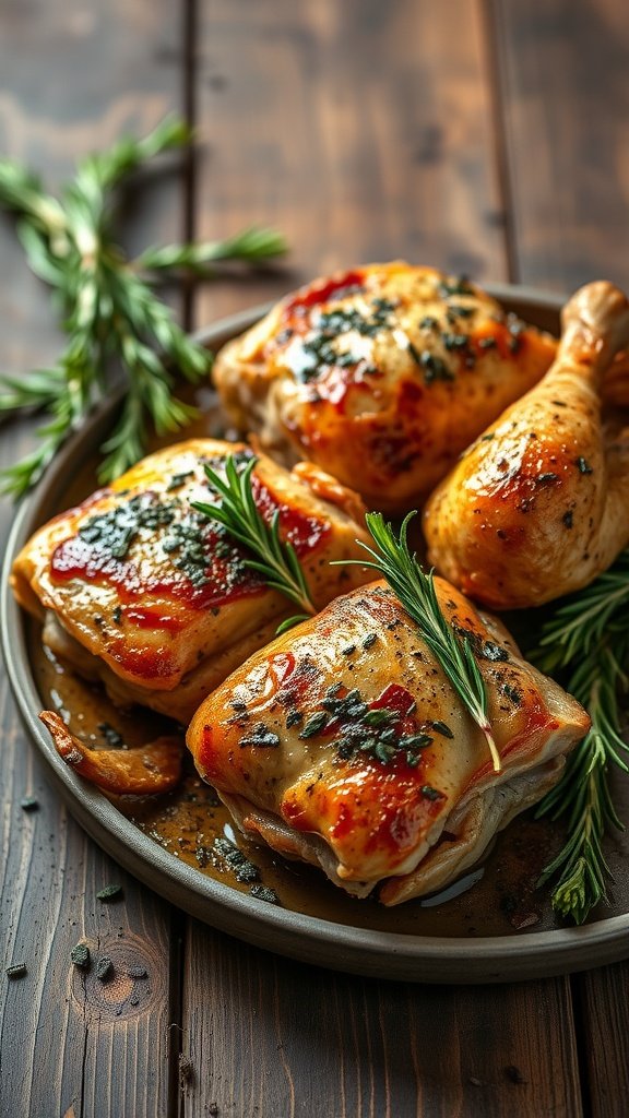 Plate of herbed roasted chicken thighs garnished with fresh herbs