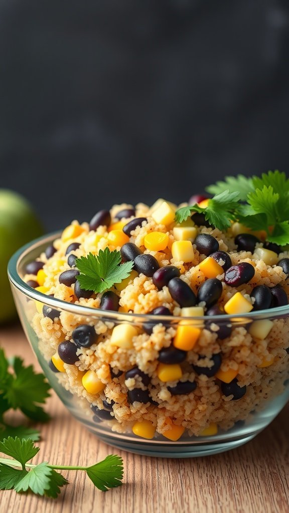 A bowl of zesty quinoa salad with black beans, corn, and cilantro.