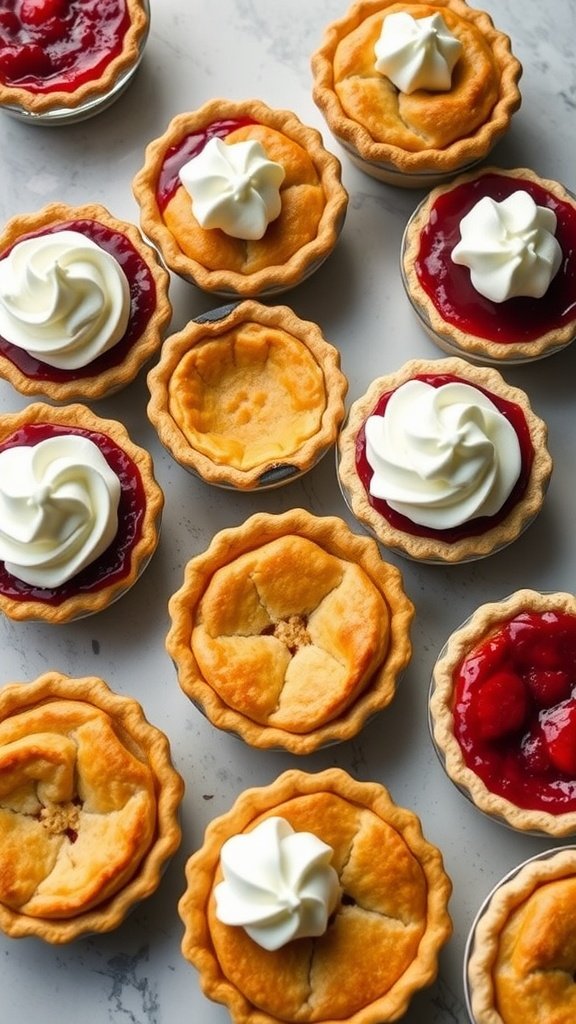 A variety of homemade mini pies topped with whipped cream and fruit fillings.