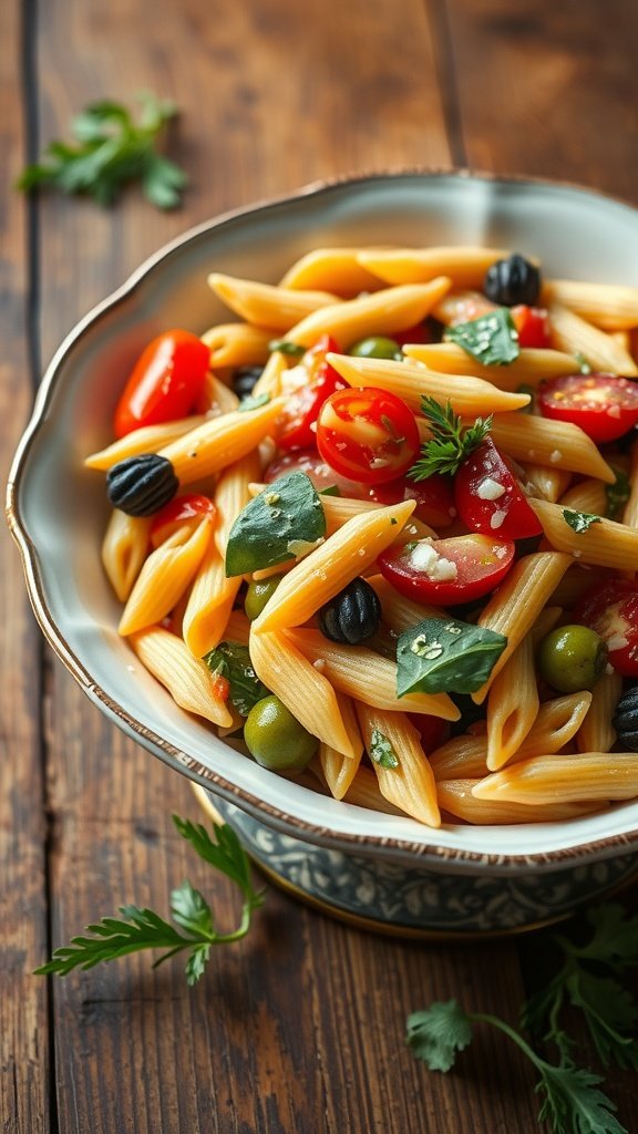 A bowl of pasta salad featuring penne, cherry tomatoes, olives, and fresh greens.