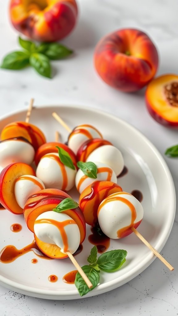 A plate of Peach Caprese skewers featuring peach slices, mozzarella, and basil, drizzled with balsamic reduction.