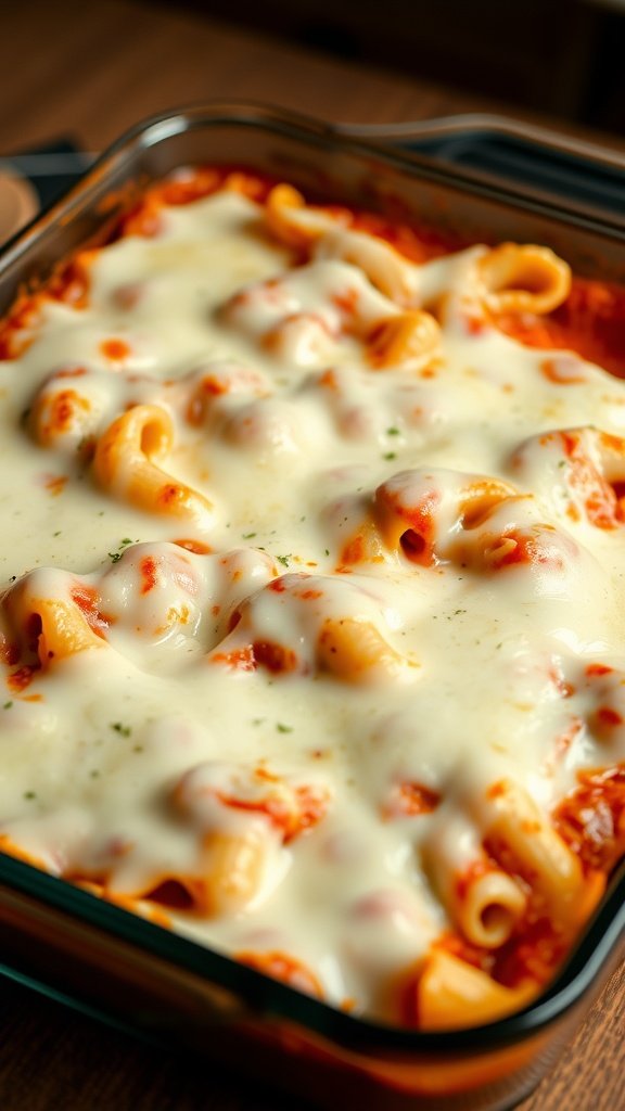 A dish of baked ziti topped with mozzarella cheese