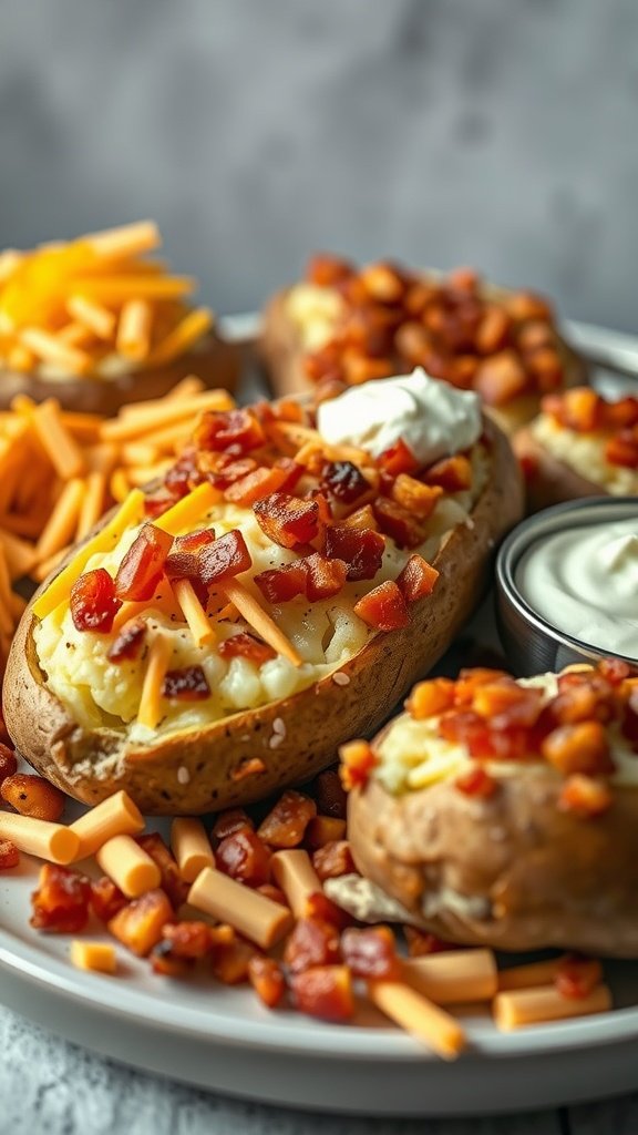 A delicious loaded baked potato topped with cheese, bacon bits, and sour cream, surrounded by additional toppings.