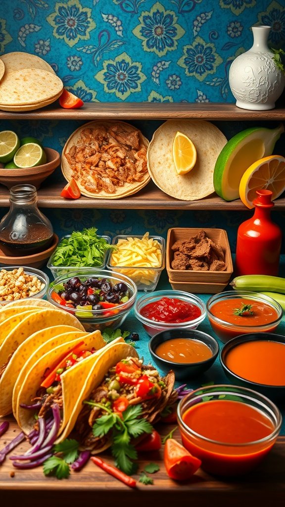 A vibrant taco station featuring various toppings, proteins, and sauces for a DIY wedding buffet.