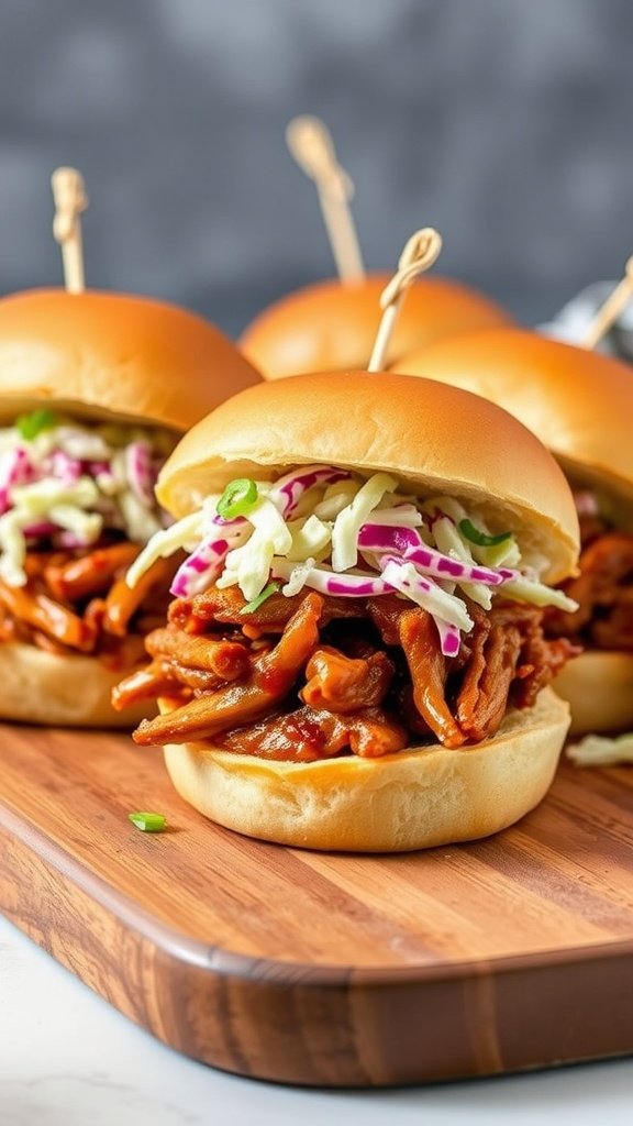 BBQ pulled pork sliders with coleslaw on a wooden platter