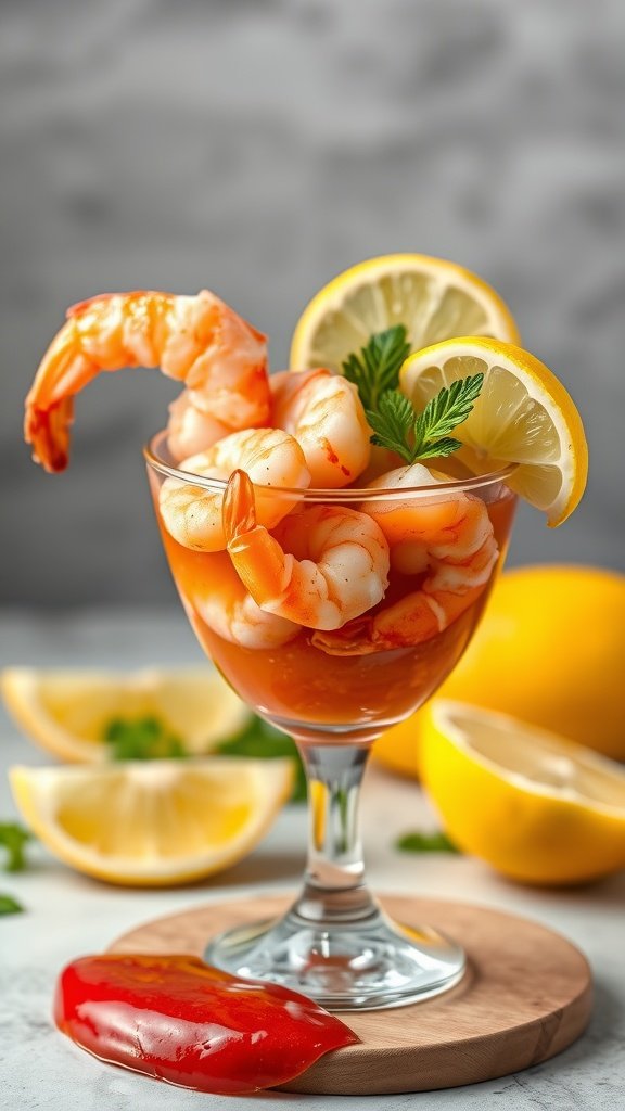 A stylish presentation of chilled shrimp cocktail in a glass with lemon slices and red pepper.