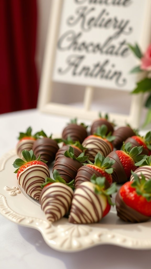 A plate of beautifully arranged chocolate-dipped strawberries.