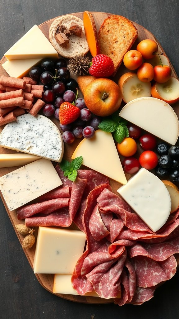 A beautifully arranged gourmet cheese and charcuterie board featuring various cheeses, meats, fruits, and breads.