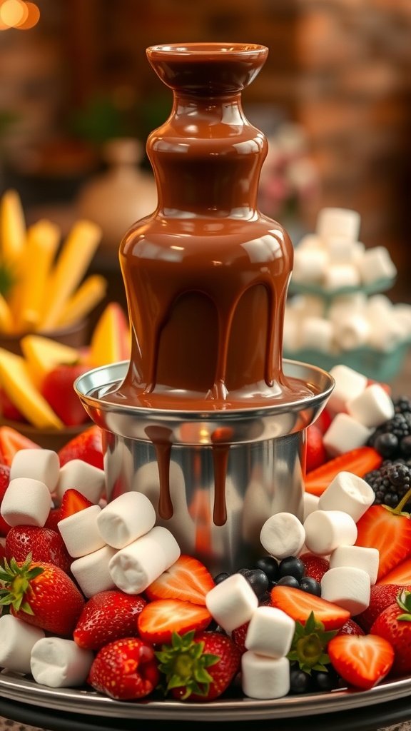 Chocolate fountain surrounded by fresh fruits and marshmallows.