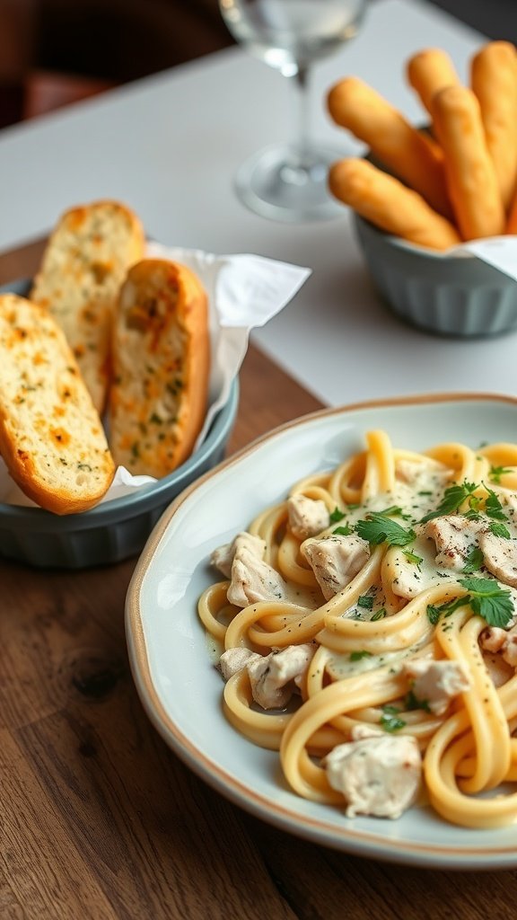 Plate of Chicken Alfredo pasta with garlic bread on the side.