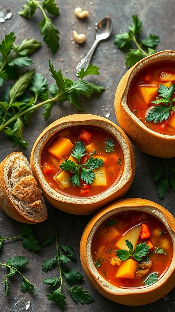 Hearty vegetable soup served in bread bowls, garnished with parsley, surrounded by fresh herbs.