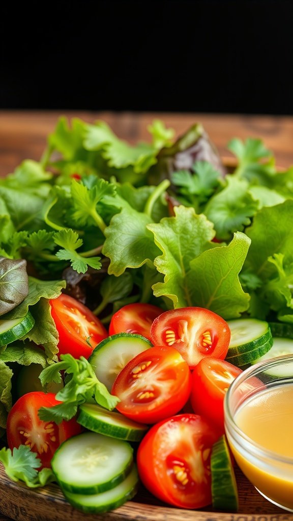 A fresh garden salad with tomatoes and cucumbers