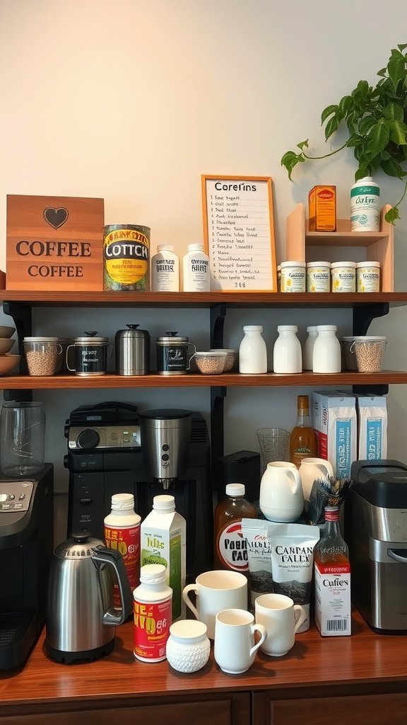A coffee and tea station with various beverages and cups.