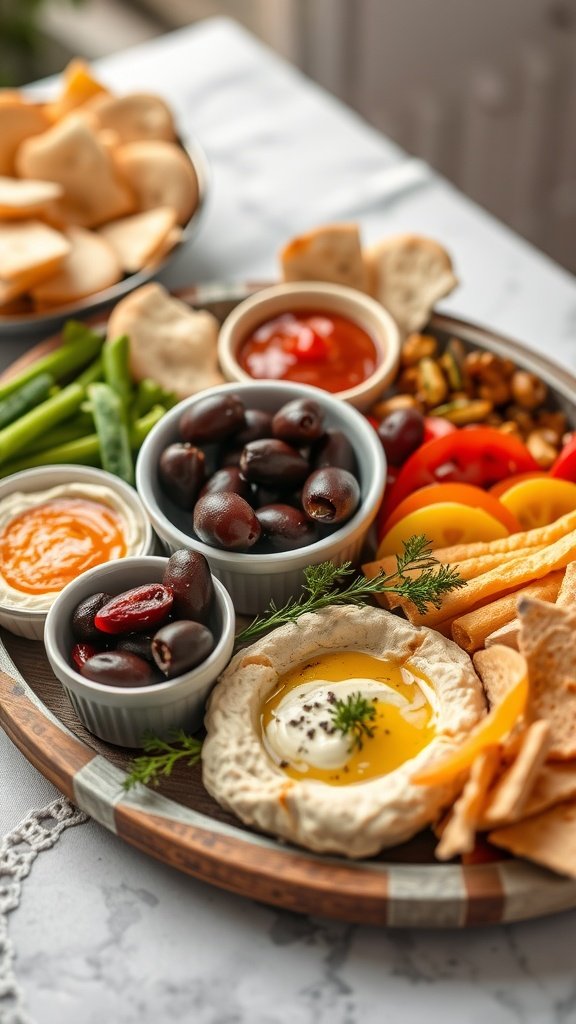 A Mediterranean platter filled with olives, dips, and fresh vegetables.