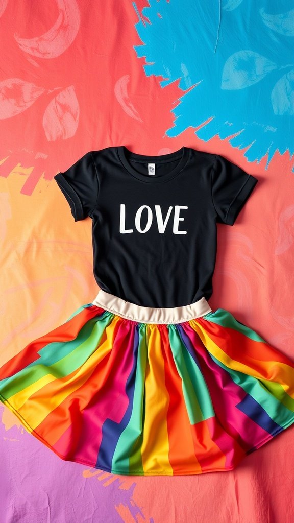 A black graphic tee with the word 'LOVE' paired with a colorful rainbow skirt, set against a bright background.