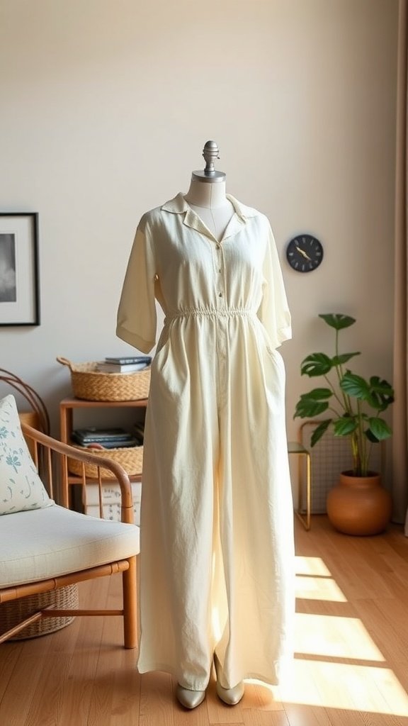 Lightweight linen jumpsuit on a mannequin in a cozy setting