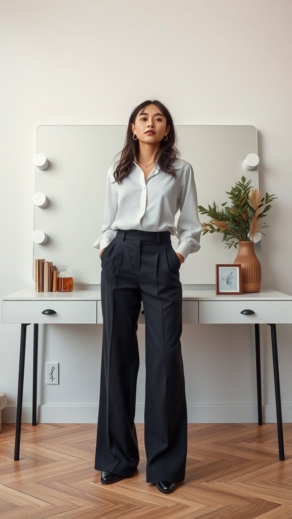 A person wearing wide-leg trousers and a button-up shirt standing in front of a mirror.