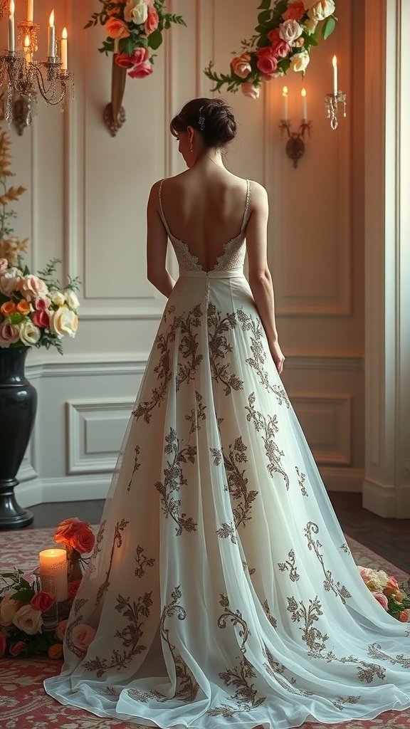 A romantic sheer overlay gown with intricate floral embroidery and an open back, ideal for a bridal shower guest outfit.