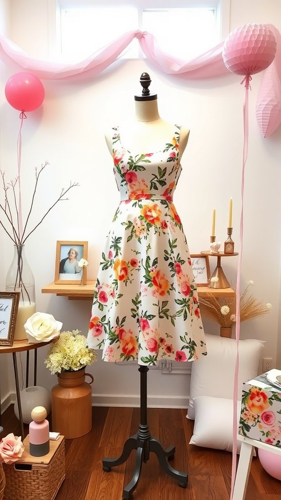 Floral midi dress displayed on a mannequin in a decorated room