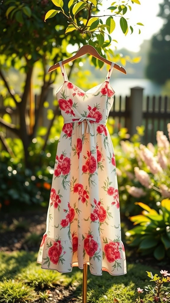 A floral sundress hanging on a wooden hanger in a garden setting