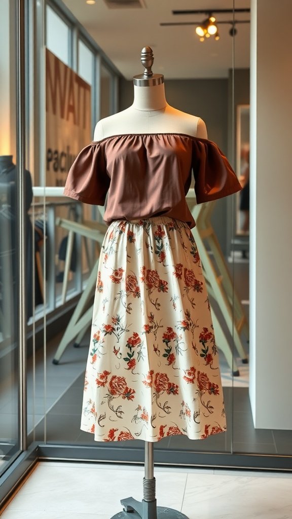 A stylish off-shoulder top with puff sleeves paired with a floral skirt on a mannequin