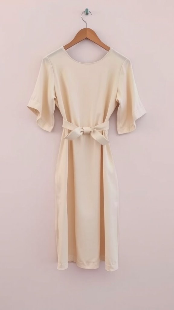 A classic shift dress in a light color with short sleeves and a belt, hanging on a wooden hanger against a pastel background.