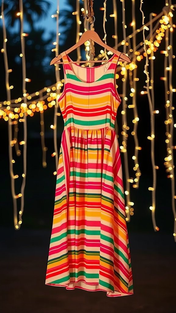 Brightly striped A-line dress hanging with fairy lights in the background.