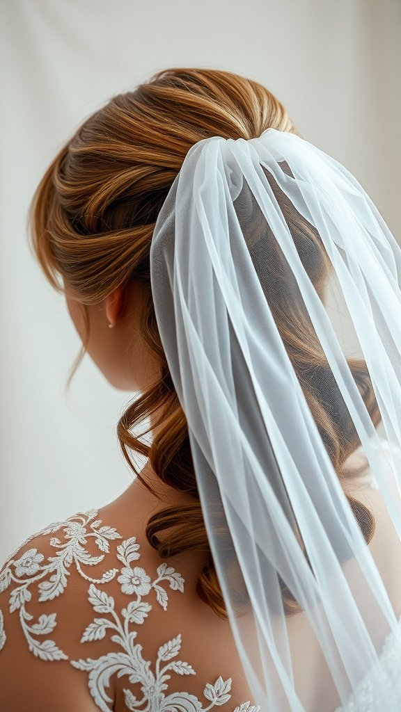 A bride's twisted half-up hairstyle with a veil, showcasing beautiful waves and intricate details.