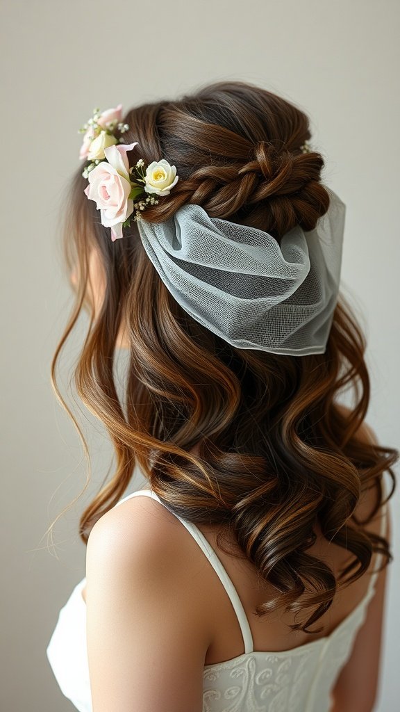 A beautiful half-up half-down hairstyle with soft curls and a floral veil.