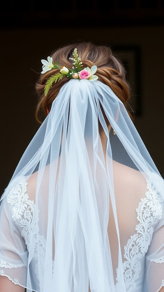 A woman with a twisted updo hairstyle adorned with flowers and a veil.