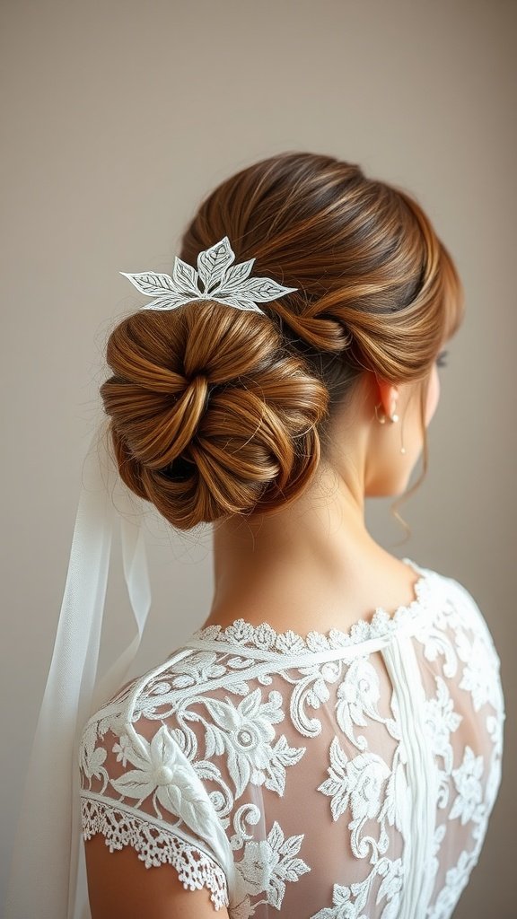 A bride with an elegant chignon hairstyle adorned with a lace veil.