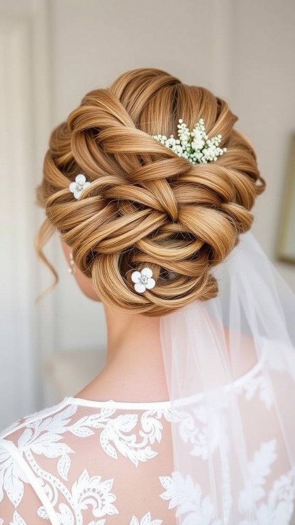 A beautifully styled soft curls updo adorned with a veil and floral accents.