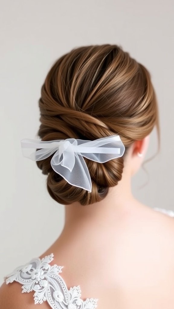 A classic low bun hairstyle adorned with a white ribbon, showcasing a simple and elegant bridal look.