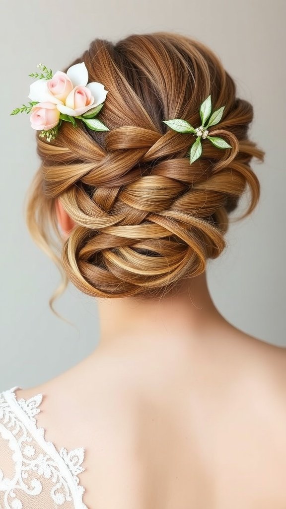A beautifully styled romantic braided updo with floral accents.