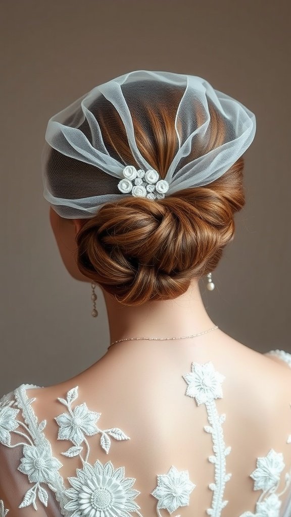 A beautifully styled updo with a soft veil and floral accents.