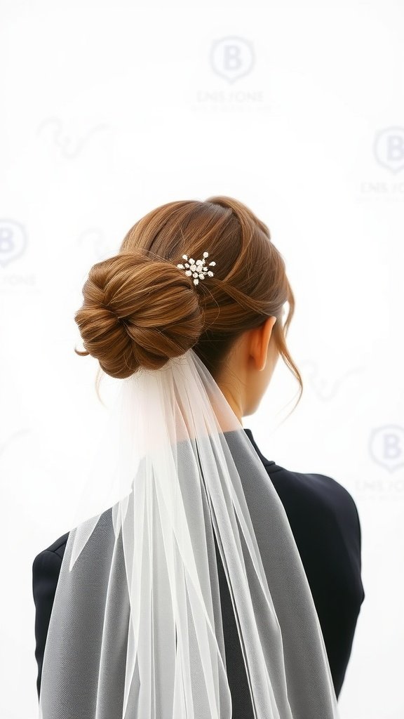 A bride with a sleek high ponytail and veil, showcasing modern elegance.