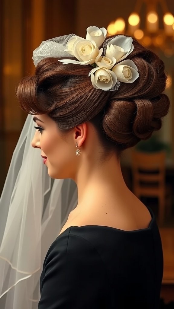 Bride with a vintage Hollywood glam updo hairstyle and veil, featuring roses