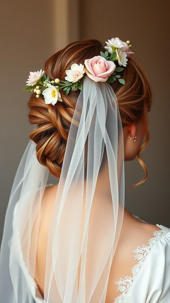 A wedding hairstyle featuring a floral crown and a veil, showcasing an elegant updo with soft flowers.