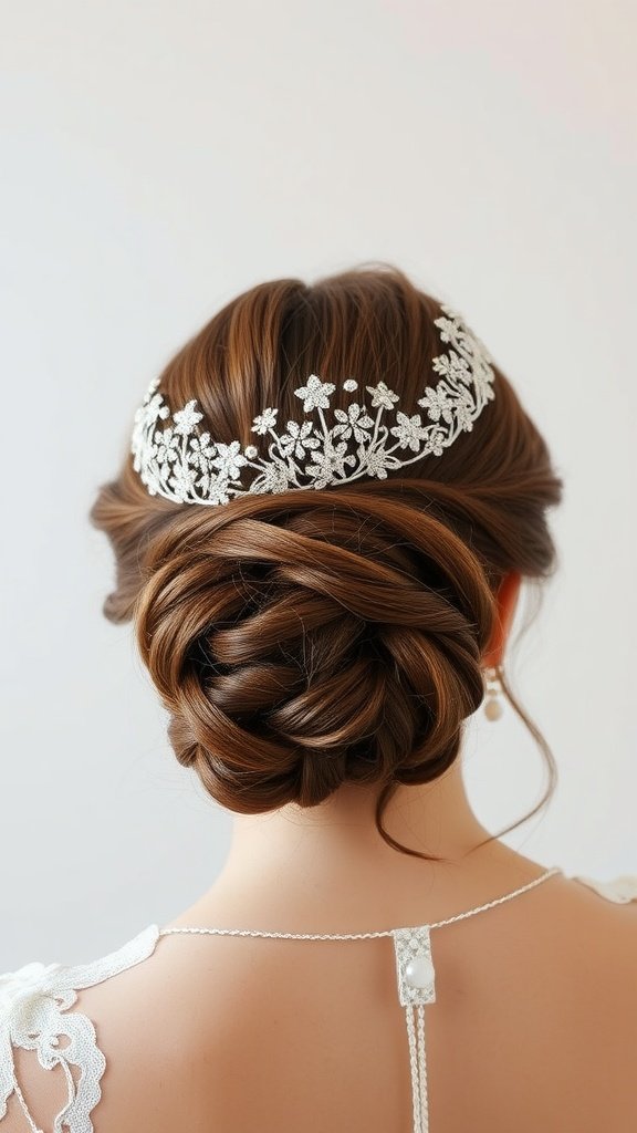 A beautiful wedding updo hairstyle adorned with a beaded veil, showcasing intricate twists and braids.
