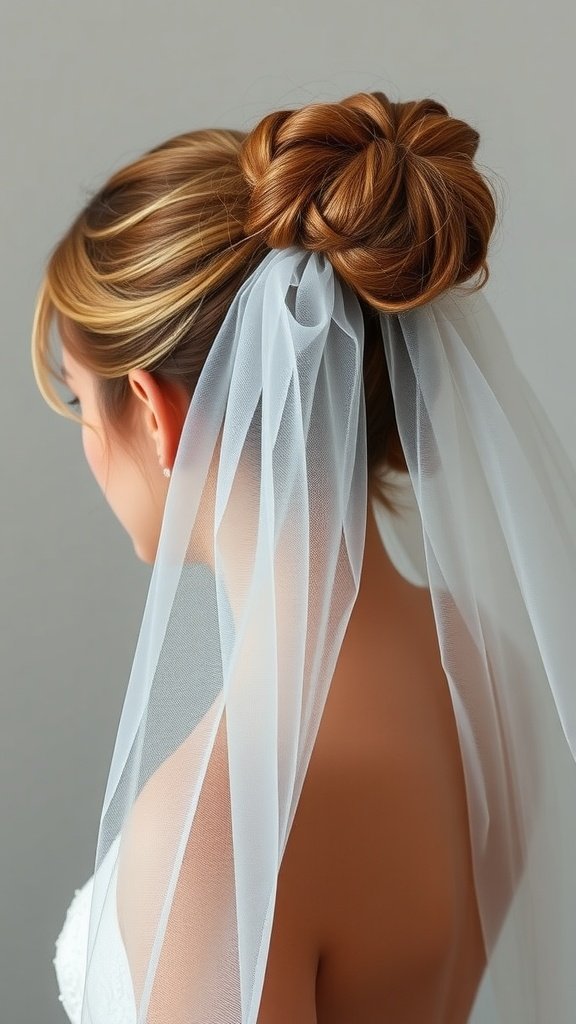 A bride with a messy bun hairstyle and tulle veil.