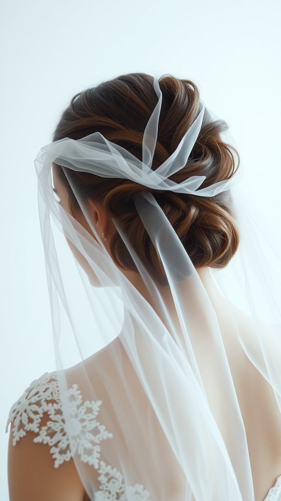 A bride with a textured updo hairstyle and a sheer veil.