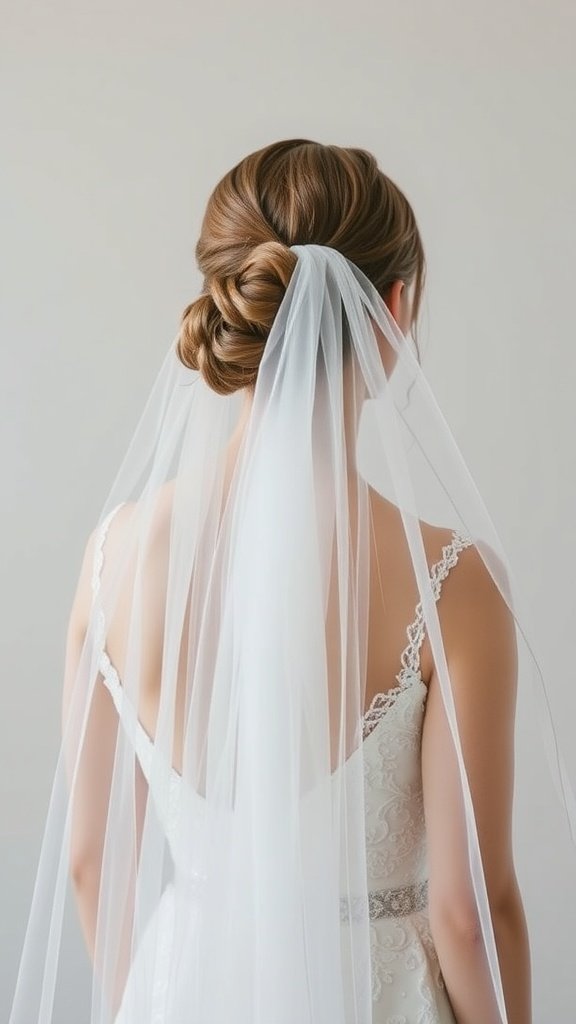 A bride with a twisted updo hairstyle wearing a long cathedral veil.