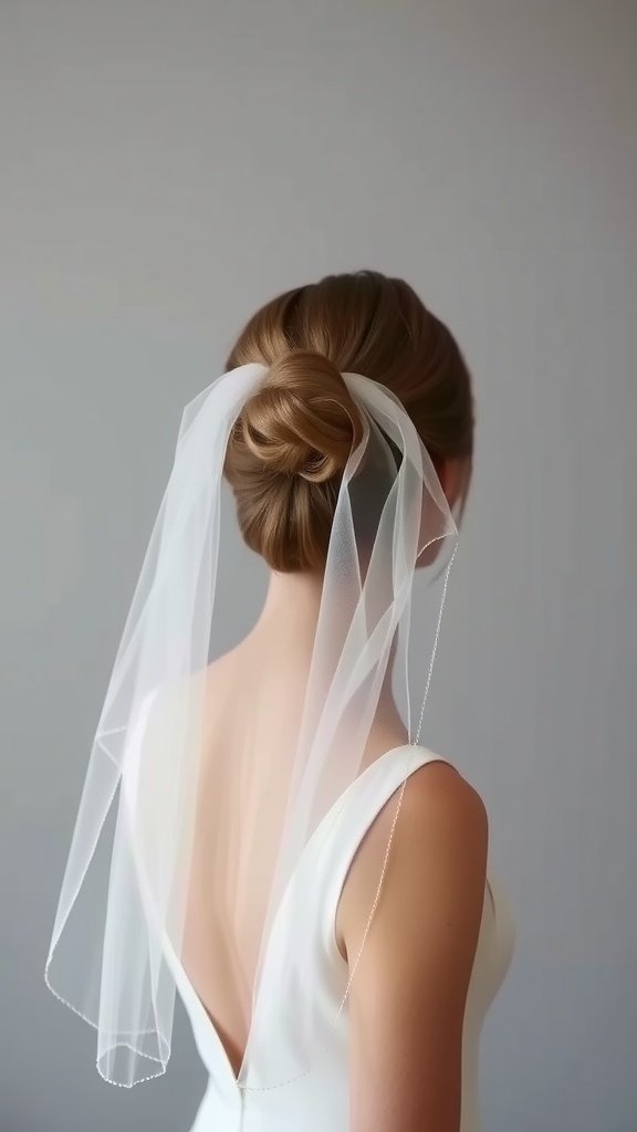 Bride with a simple knotted updo and a veil